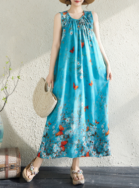 2026新款度假风无袖印花棉绸连衣裙女长款蓝色背心裙显瘦沙滩裙
