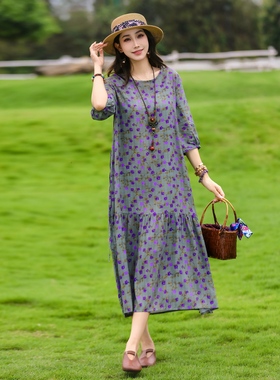 复古风蓝色印花 棉绸连衣裙女中袖收腰中长款气质沙滩裙度假风