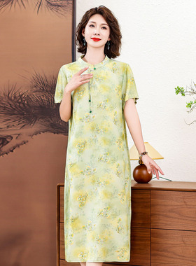 夏季碎花国风连衣裙气质显瘦妈妈棉绸长裙新中式旗袍大码胖mm裙子
