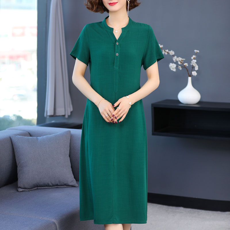 新款纯色气质显瘦a字棉绸连衣裙
