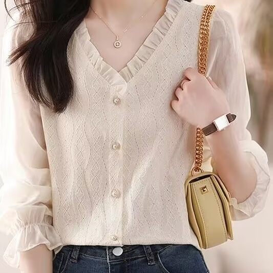 法式V领长袖蕾丝上衣衬衫