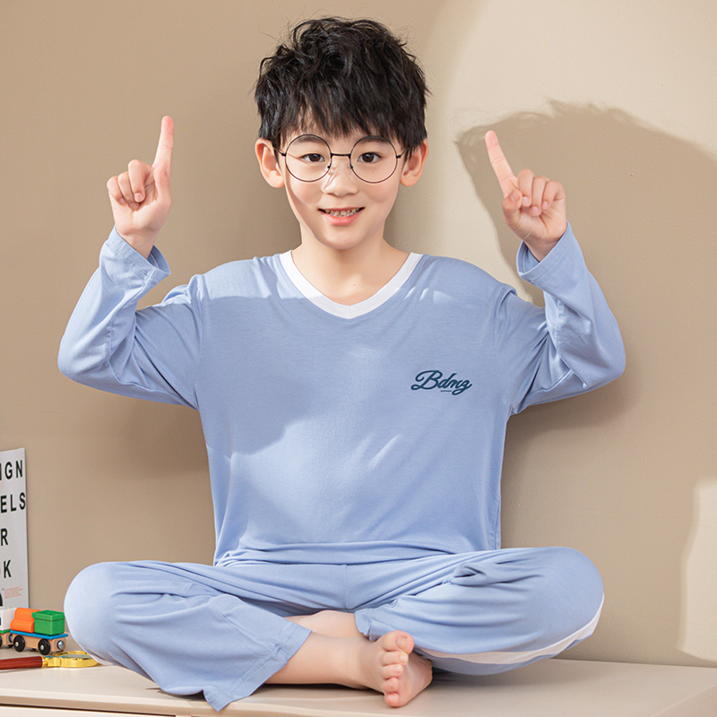 男童春秋款莫代尔套装儿童长袖套头睡衣中大童冰丝空调夏季家居服