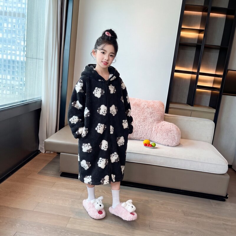 女童加绒保暖睡裙秋季新款儿童加厚家居服睡袍女孩长款睡衣童装潮