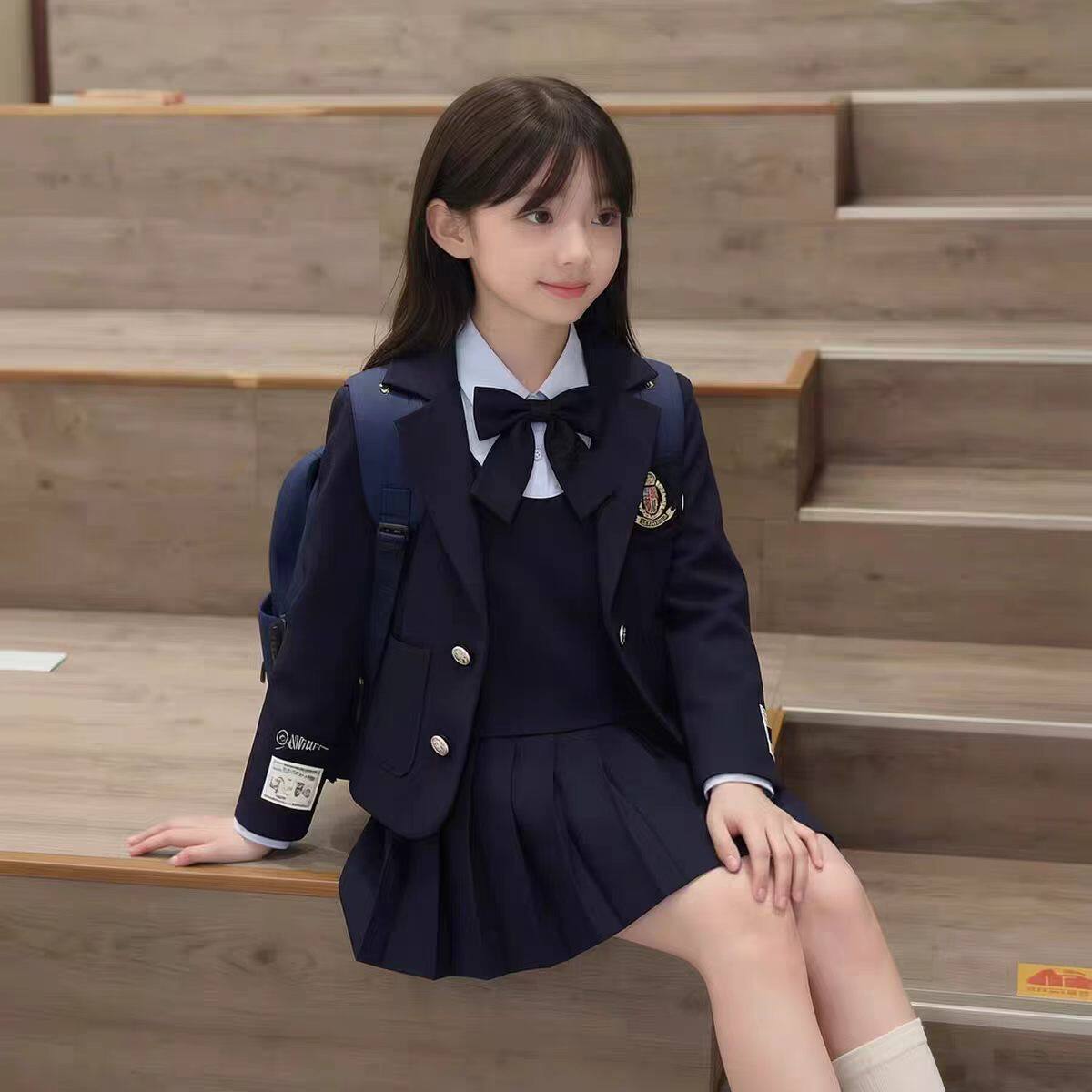 女童学院风套装春秋新款女孩西装外套假两件连衣裙班服团体演出服