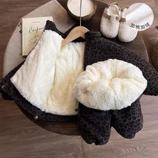 男女童运动服套装冬季男孩加绒加厚韩版休闲两件套宝宝豹纹棉衣