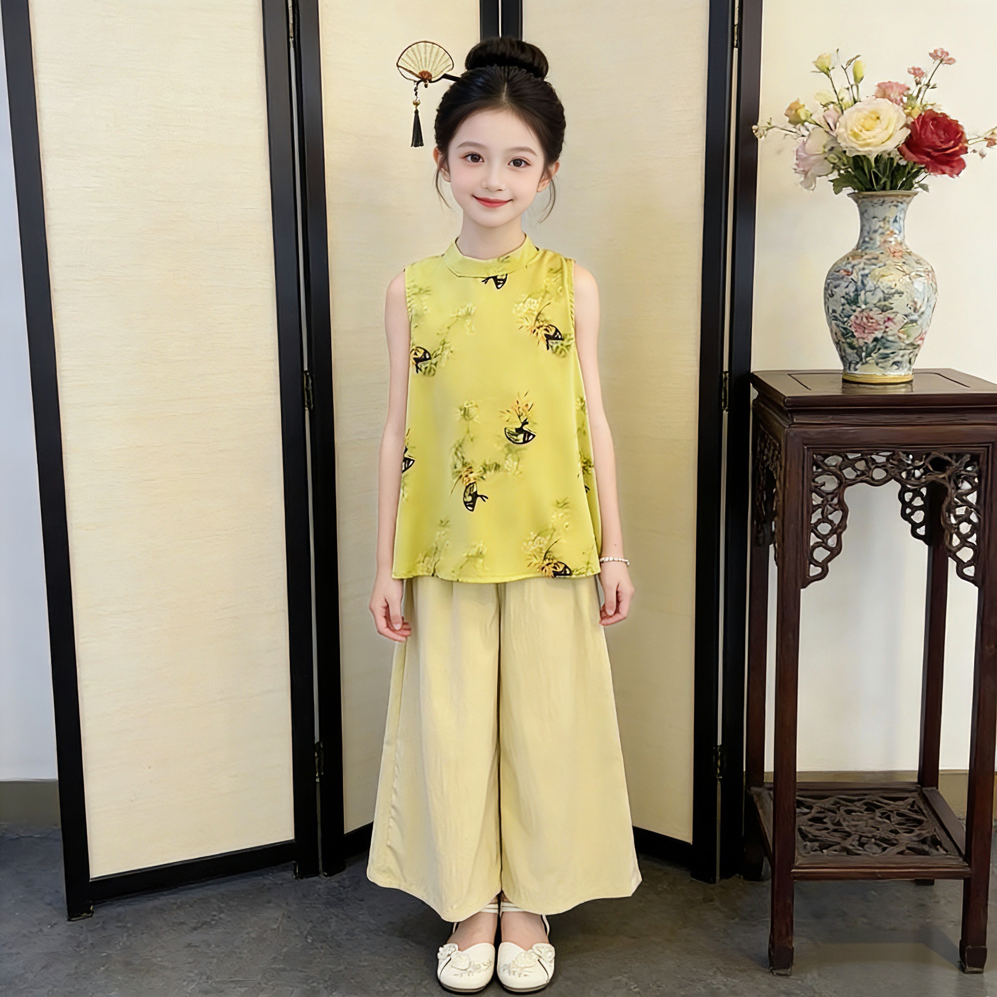 女童新中式唐装汉服夏季套装女孩中国风古装两件套六一儿童表演服