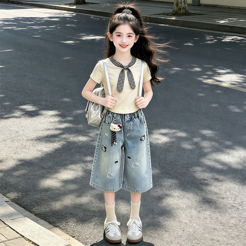 女童T恤套装夏季新款韩版女孩短袖牛仔短裤两件套中大儿童夏装潮t
