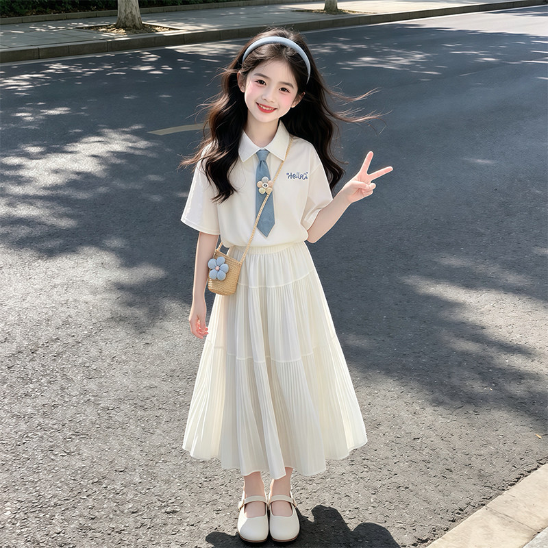 女童短袖套装夏季新款女孩T恤裙子两件套中大童学院风POLO领套装