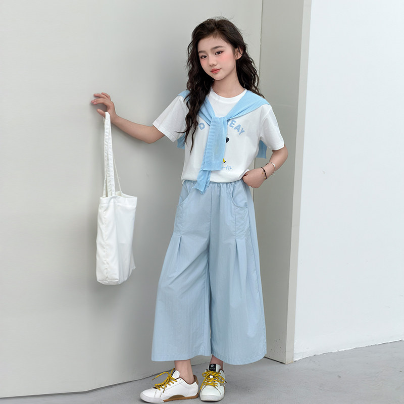 女童T恤夏季新款韩版女孩短袖休闲裤两件套中大童披肩套装童装潮