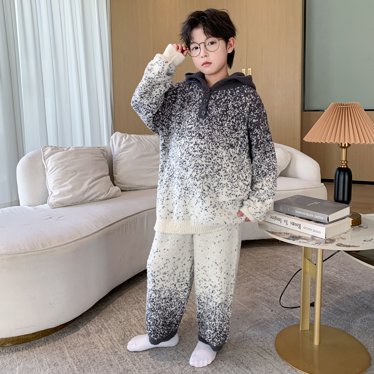 男童冬季半边绒家居服睡衣儿童休闲加绒连帽中大童男孩保暖童装潮