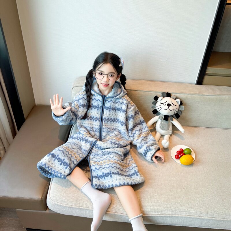 女童加绒保暖睡裙秋季新款儿童加厚家居服睡袍女孩长款睡衣童装潮