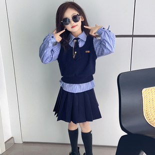 女童园服校服学院风演出服春秋儿童jk衬衫亮丝马甲衬衫裙子三件套