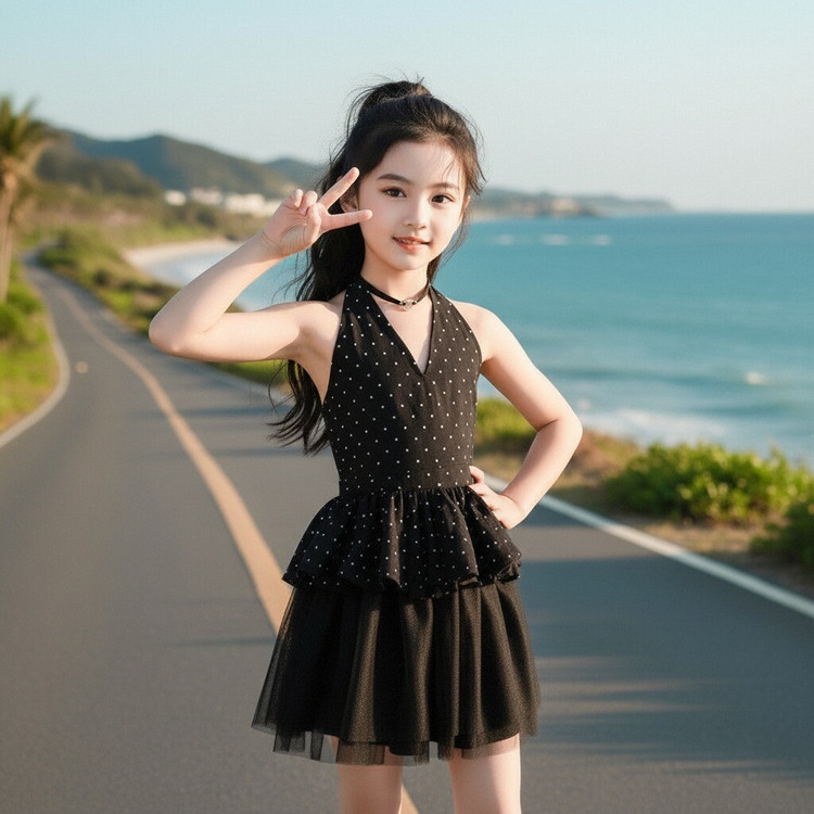 女童夏季黑色波点挂脖法式套装