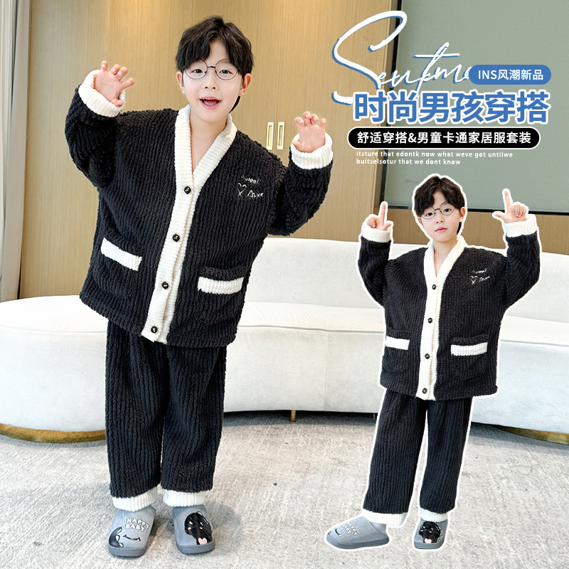 男童法兰绒睡衣冬季儿童珊瑚绒家居服套装中大童男孩加绒保暖童装