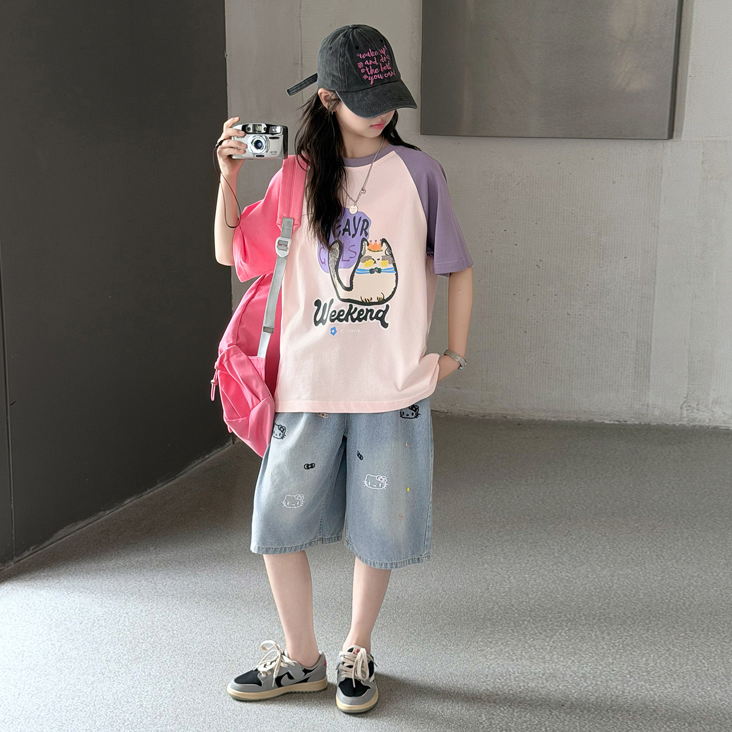 女孩短袖五分裤套装夏季新款儿童T恤牛仔中裤两件套女大童休闲装
