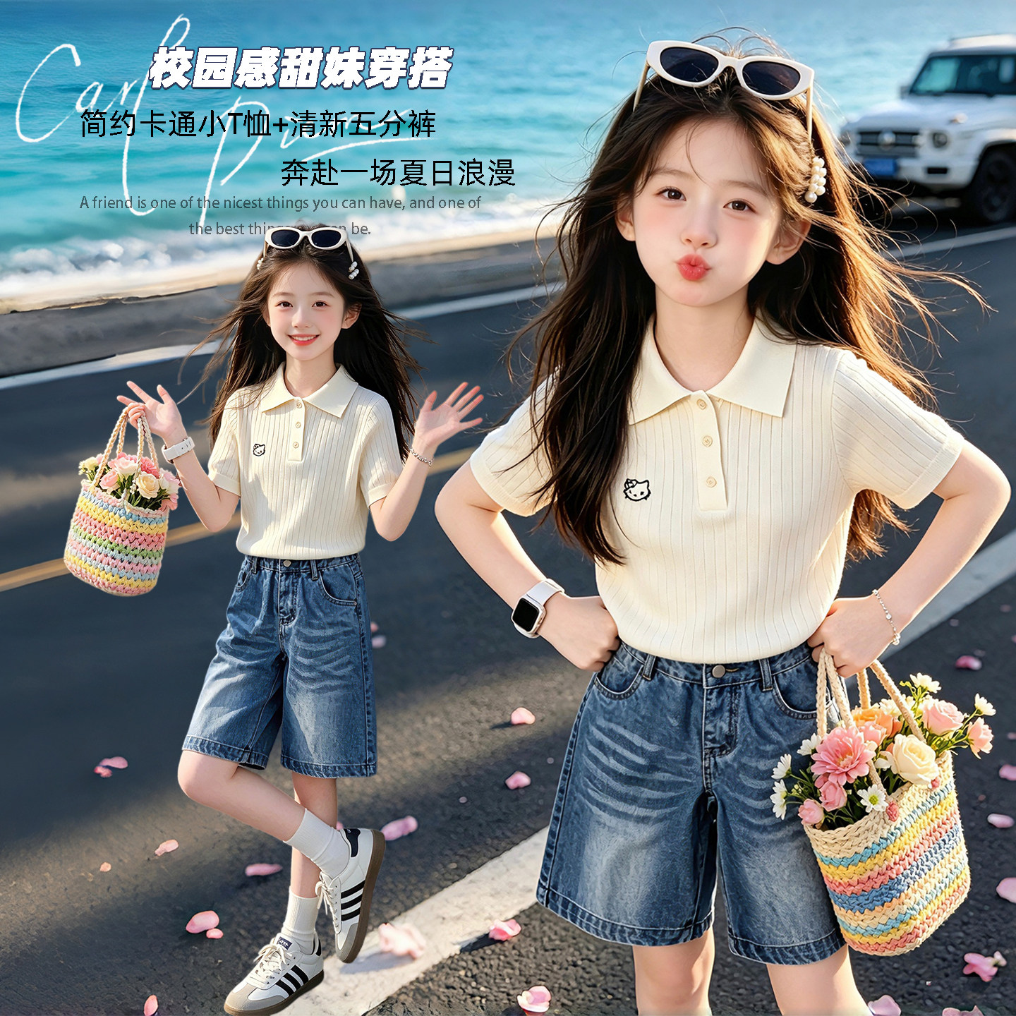 女童短袖套装夏季新款女孩T恤短裤两件套中大童学院风POLO领套装t