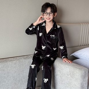 男童金丝绒睡衣秋冬新款儿童保暖家居服套装中大童男孩薄绒童装潮