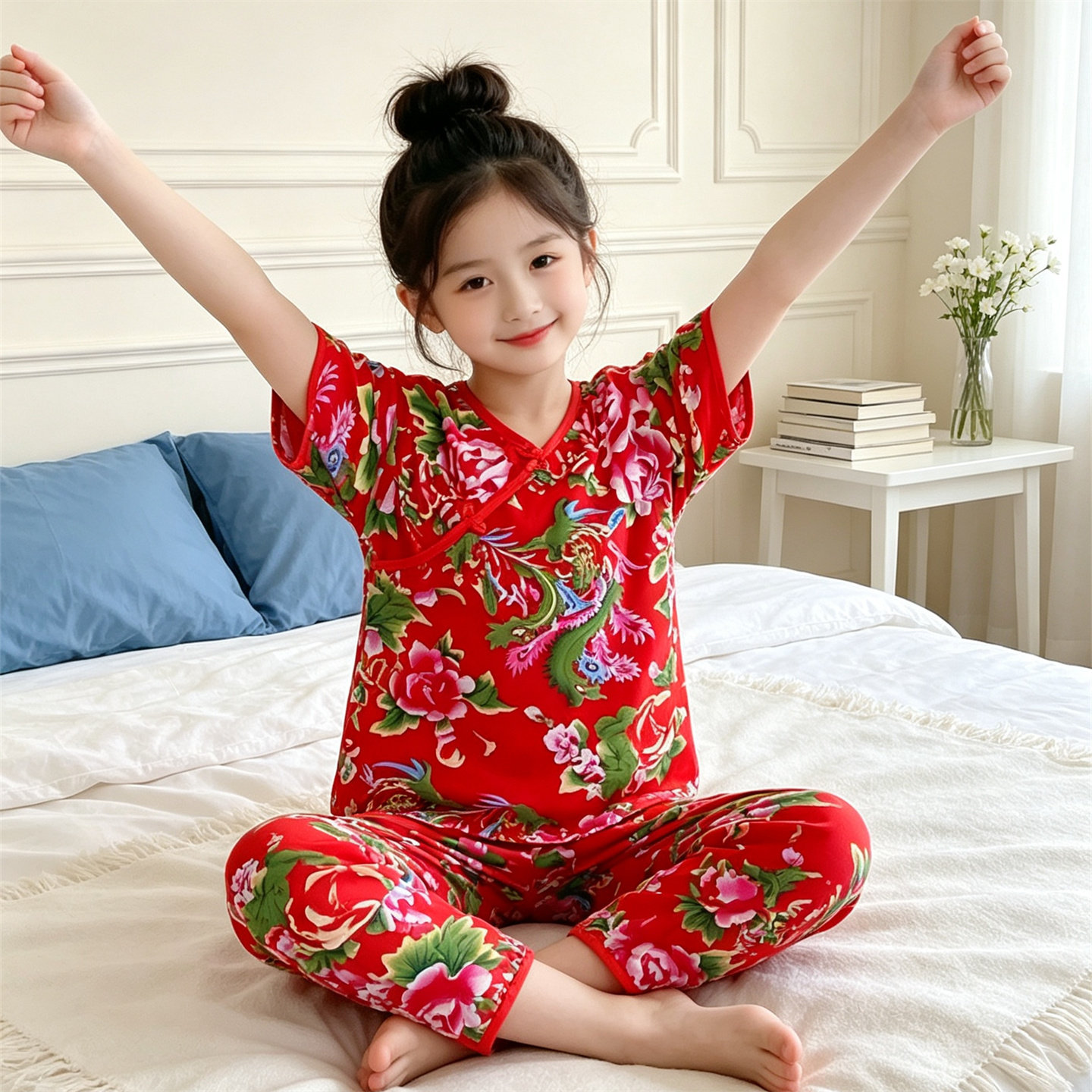 女童短袖睡衣春秋新款儿童棉稠家居服套装东北大花休闲两件套衣服
