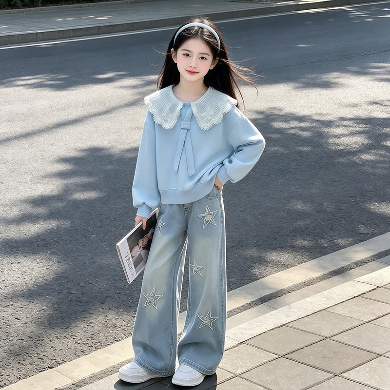 女孩洋气宽松牛仔裤秋季2026新款百搭卡通图秋装儿童裤子运动套装
