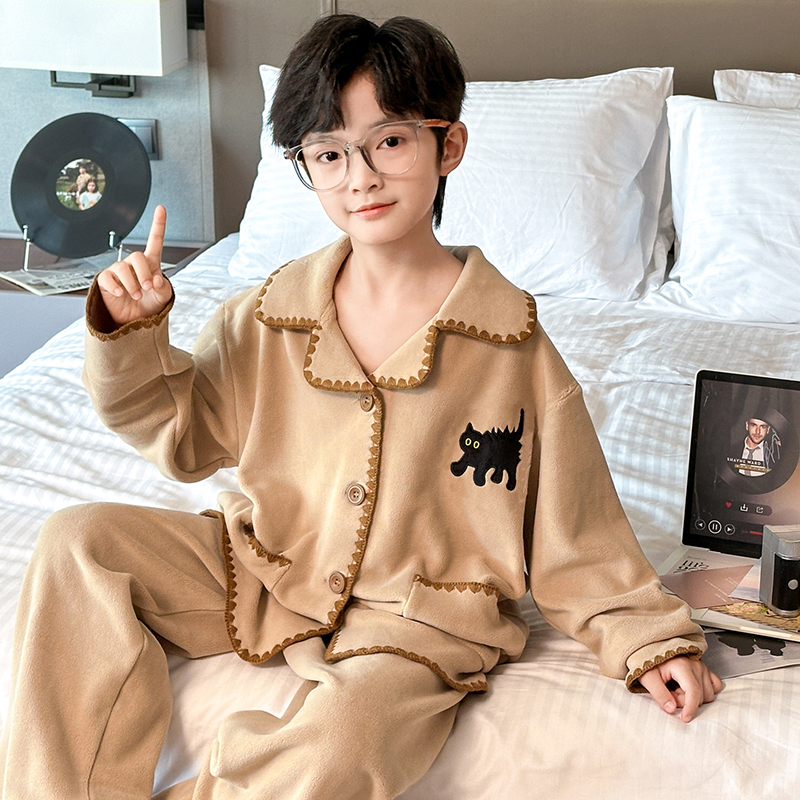 男童奥粒绒睡衣冬季新款儿童保暖家居服中大童男孩加绒休闲套装潮