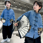 男童唐装 潮 汉服上衣大童男孩秋装 国风牛仔外套春秋新款 儿童新中式