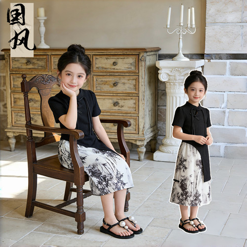 女童新中式唐装汉服夏季套装女孩中国风古装两件套六一儿童表演服