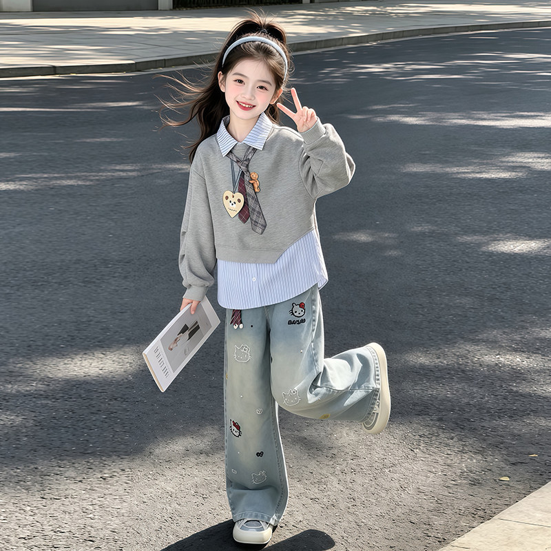 女孩洋气宽松牛仔裤秋季2026新款百搭卡通图秋装儿童裤子运动套装