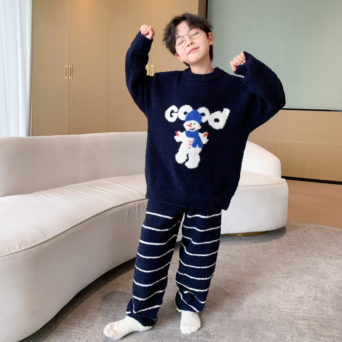 男童冬季半边绒家居服睡衣儿童休闲加绒套装中大童男孩保暖童装潮