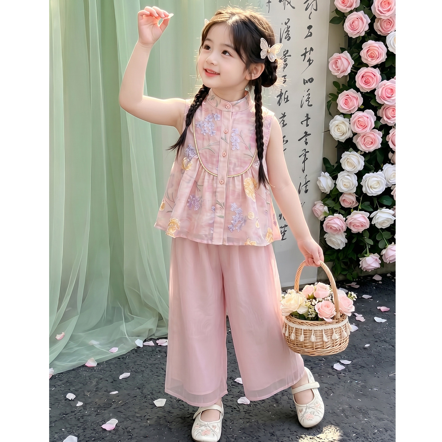女童国风演出套装夏季新中式表演服两件套唐装汉服端午节纳福衣服