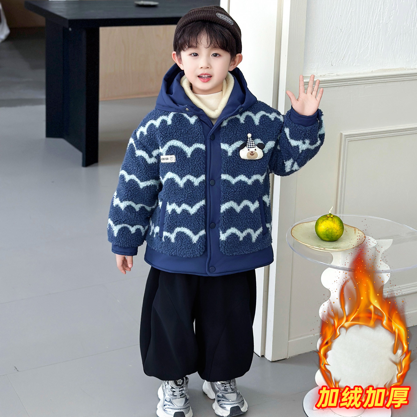 男童毛毛衣冬季新款儿童加绒加厚棉衣外套中小童男孩连帽棉服棉袄