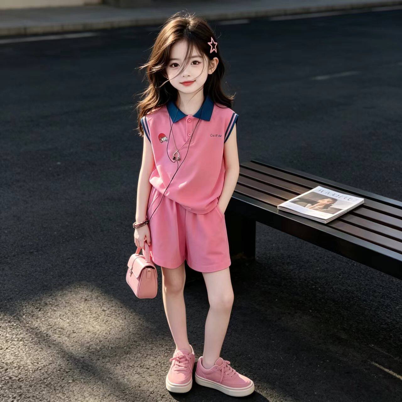 女童Polo衫套装夏季韩版女孩短袖短裤两件套大童纯棉休闲童装衣服