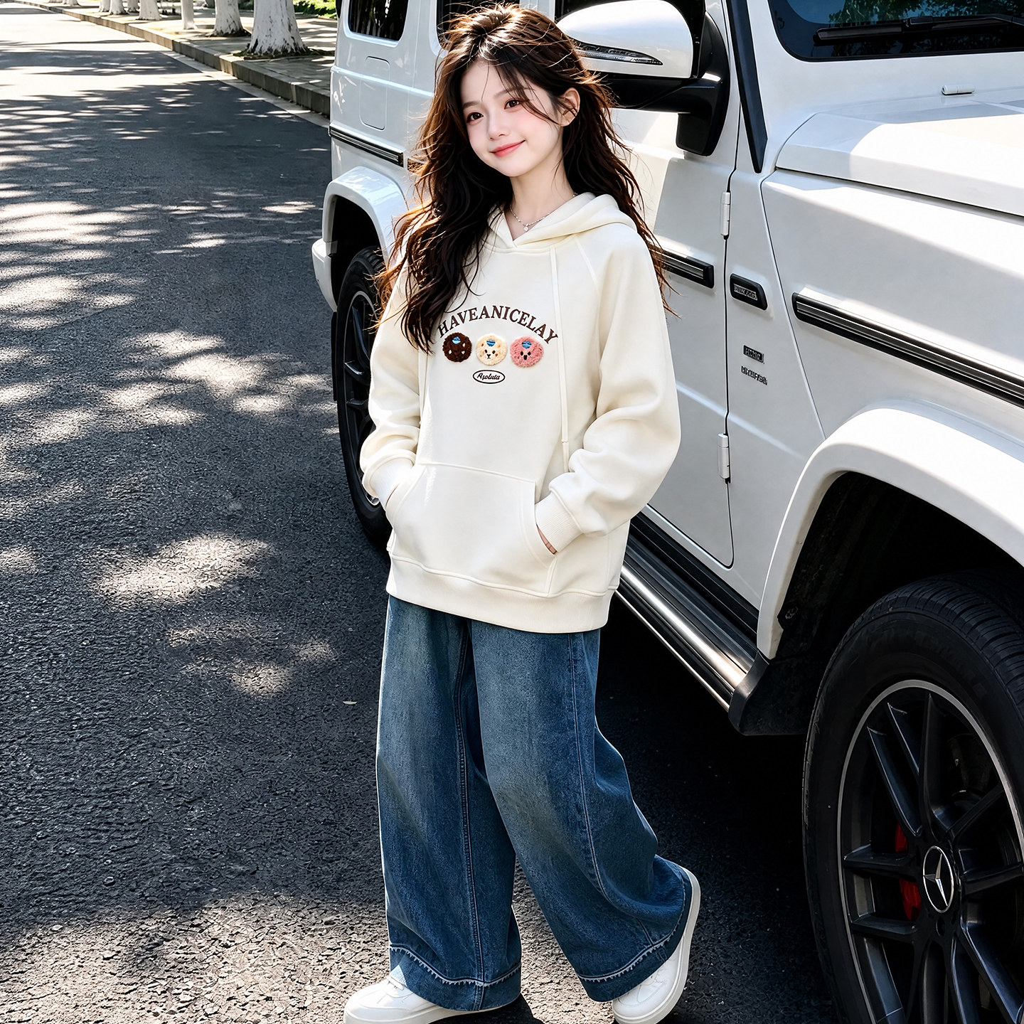 女童卡通连帽卫衣春秋新款中大童洋气休闲宽松舒适甜美百搭上衣