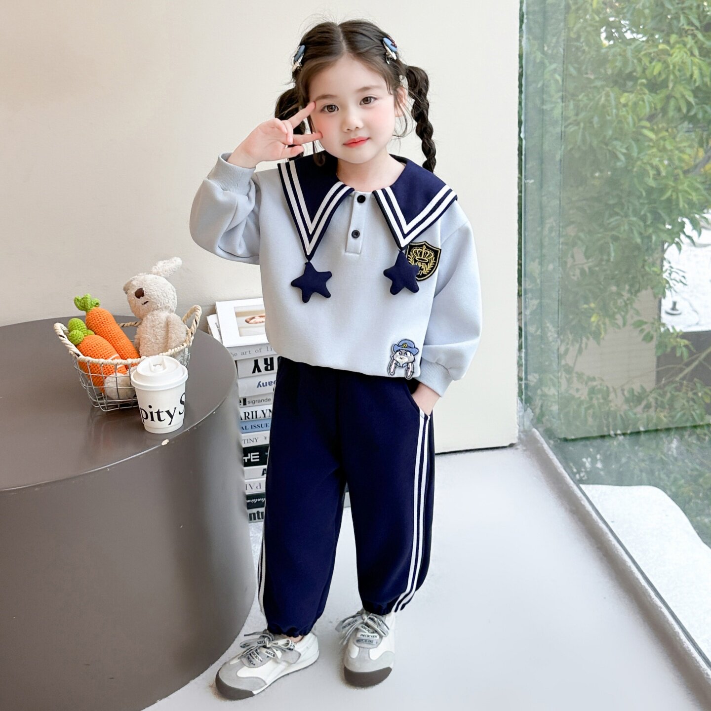 女孩朱迪套装裙卫衣套装春秋新款儿童学院风海军领裤子上衣两件套