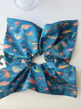 清新童趣海底世界方巾大肠发圈女 海洋动物印花头绳 手作大版发饰