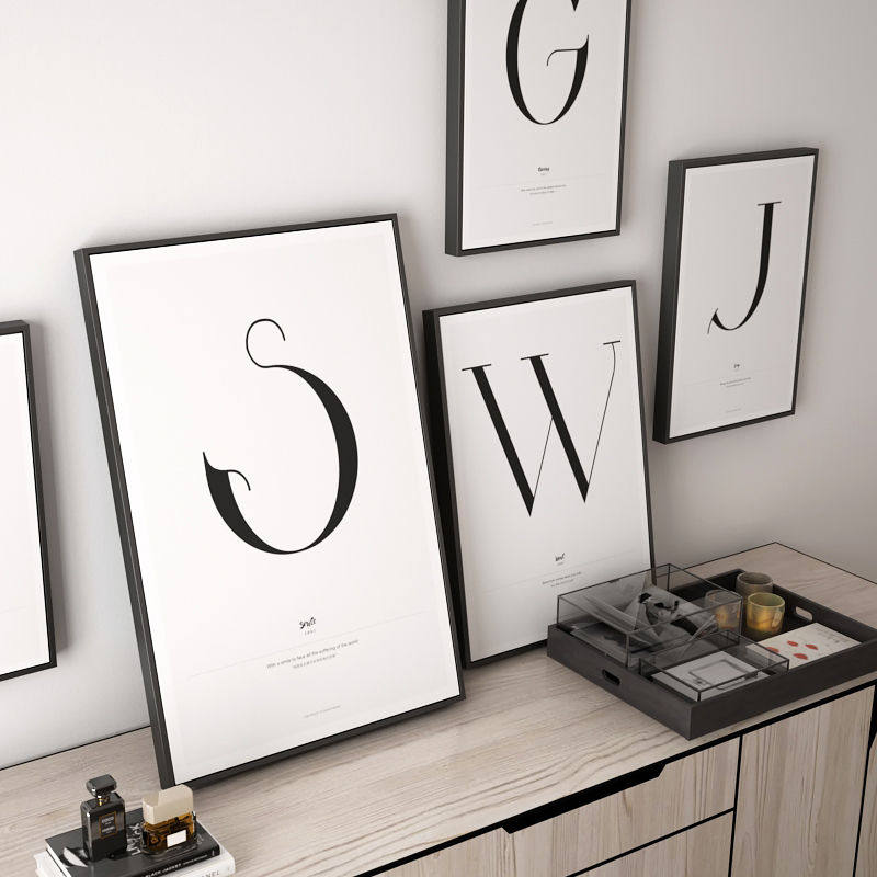 个性创意黑白英文字母装饰画北欧客厅简约组合画卧室书房挂画