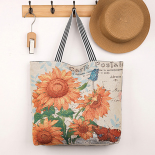 潮流简约范百搭中年加厚亚麻帆布手拎包妈咪包新款手提布包女包