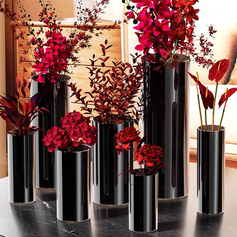 简约黑白色直筒圆口玻璃花瓶落地水培插花花瓶酒店样板房装饰摆件