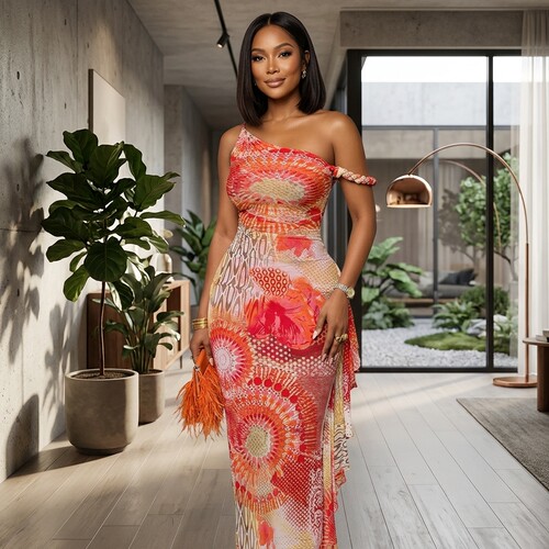 网纱透视印花长裙2026夏季新款裙