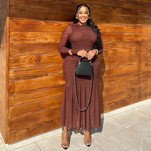 Ruched Maxi Gown Style 2025 Bodycon Mesh Brown African Dress