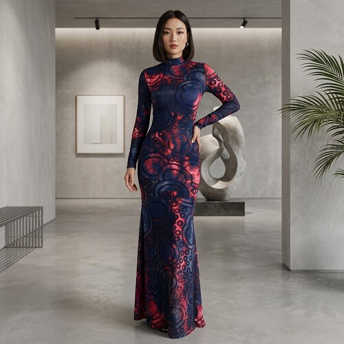 惊艳红黑印花鱼尾裙性感长袖礼服