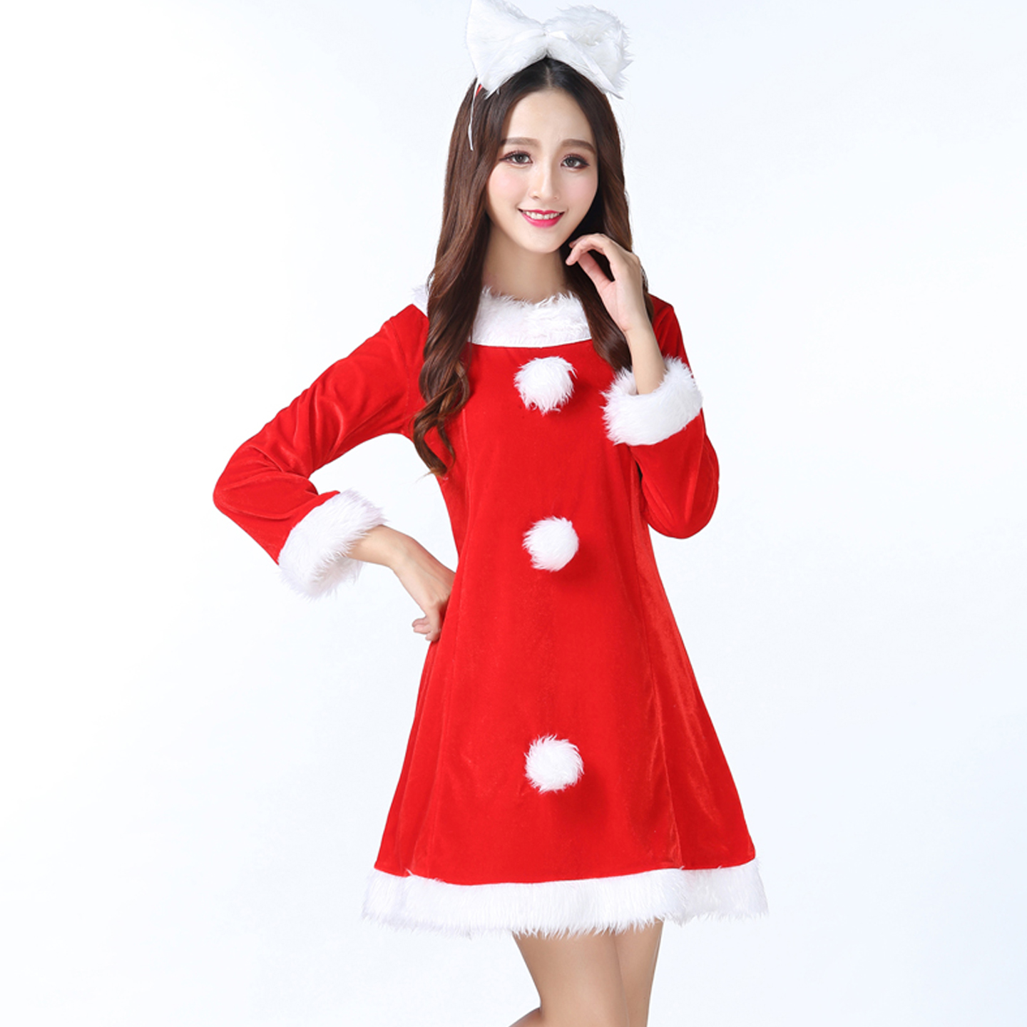 圣诞节服装红色长袖圆领连衣裙蝴蝶结发卡套装酒吧夜场舞会演出服