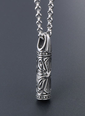 AH7钛钢复古十字花圆柱男士吊坠项链 个性潮流饰品送男友生日礼物