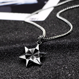 AH7钛钢六芒星欧美复古时尚双面吊坠潮男款六角星项链毛衣链项饰