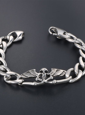 AH7钛钢骷髅头翅膀朋克手链手环男士潮流嘻哈霸气鬼头潮人配饰品