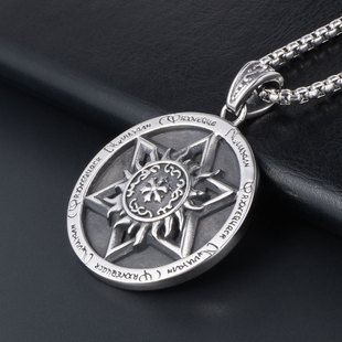AH7钛钢复古六芒星座太阳神圆牌吊坠项链男款六角星潮男士毛衣链