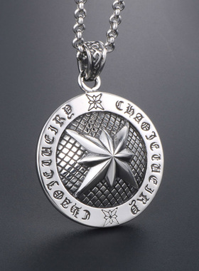 AH7钛钢圆形大米花吊坠男款项链 时尚潮流盾牌文字男士挂件不掉色