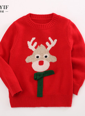 儿童纯羊绒衫男童毛衣红色套头衫加厚女童卡通针织衫宝宝秋冬新款