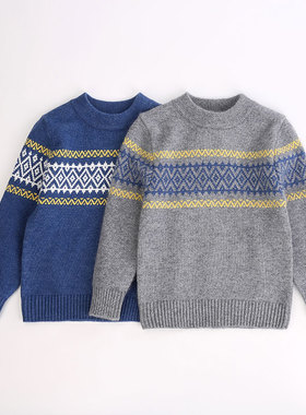 秋冬新款儿童羊绒衫男童保暖条纹毛衣套头圆领休闲男孩羊毛衫童装