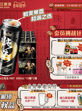 珠江啤酒1997纯生500mL*12罐*2整箱批发皮尔森生啤酒官方旗舰店