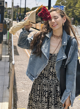 [野人珊]短款牛仔外套女2025秋帅气复古小个子街头感机车夹克